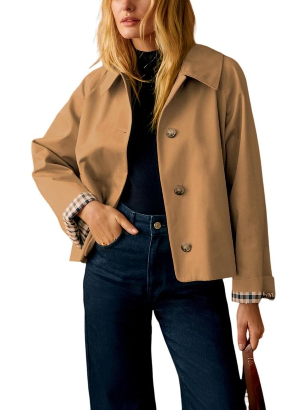 Womens Camel Long Sleeve Button Down  Plaid Lining Pockets Casual Cropped Jacket
